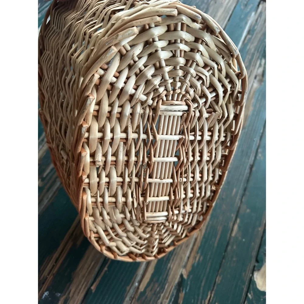 Vintage Wicker Gathering Basket Natural Willow Oval Flower Picnic Basket Handle